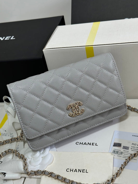 CC 25P Wallet On Chain 19cm Light Gray Cowhide Heart Rhinestone 243598 mysite