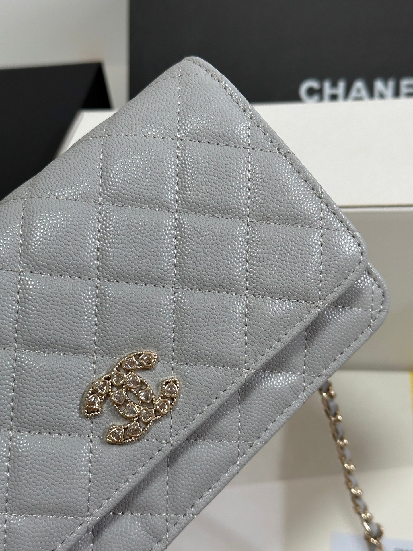 CC 25P Wallet On Chain 19cm Light Gray Cowhide Heart Rhinestone 243598 mysite