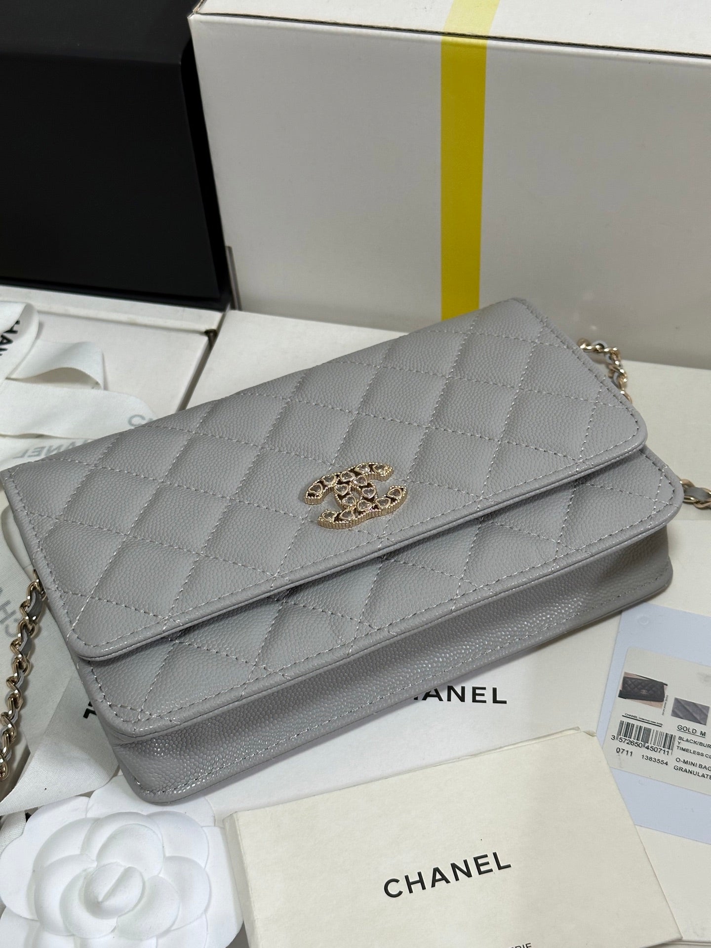 CC 25P Wallet On Chain 19cm Light Gray Cowhide Heart Rhinestone 243598 mysite