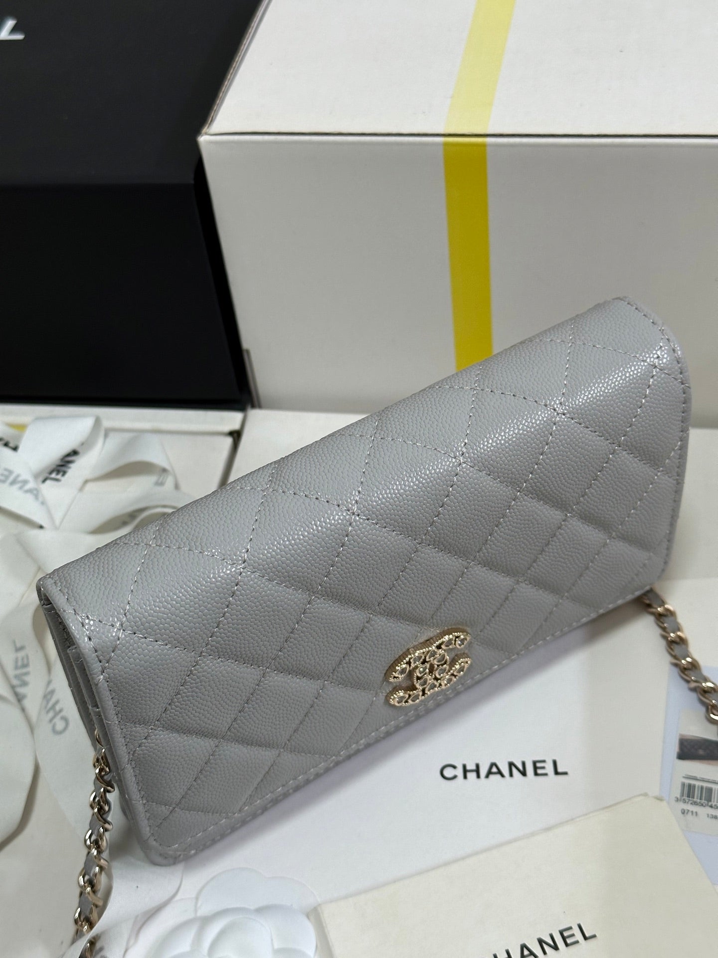 CC 25P Wallet On Chain 19cm Light Gray Cowhide Heart Rhinestone 243598 mysite