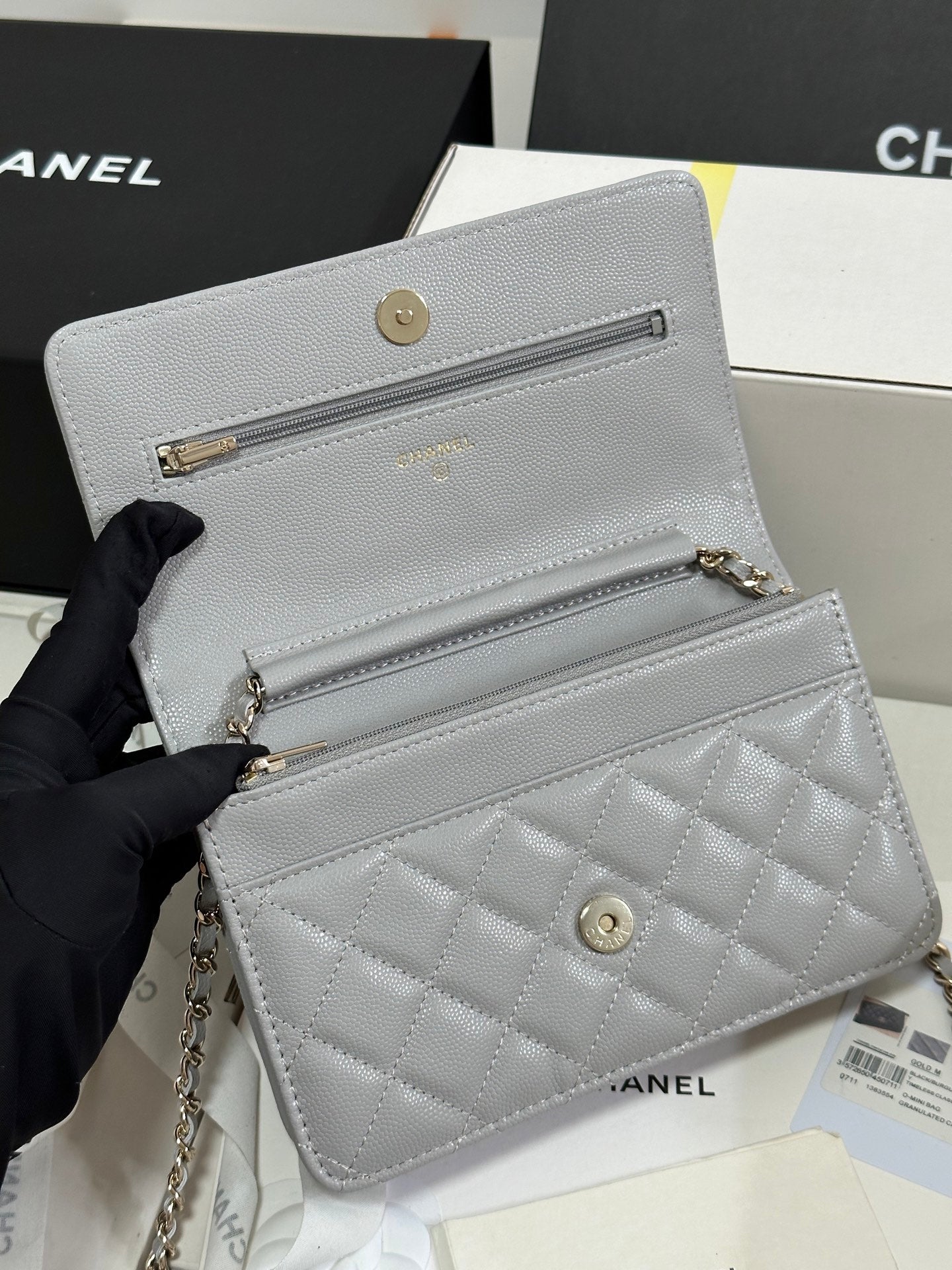 CC 25P Wallet On Chain 19cm Light Gray Cowhide Heart Rhinestone 243598 mysite