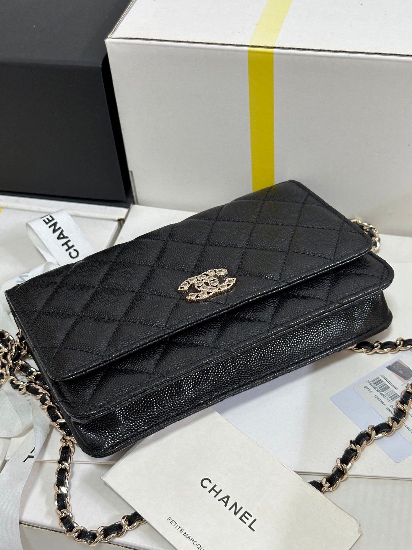 CC 25P Wallet On Chain 19cm Black Cowhide Heart Rhinestone 243601 mysite