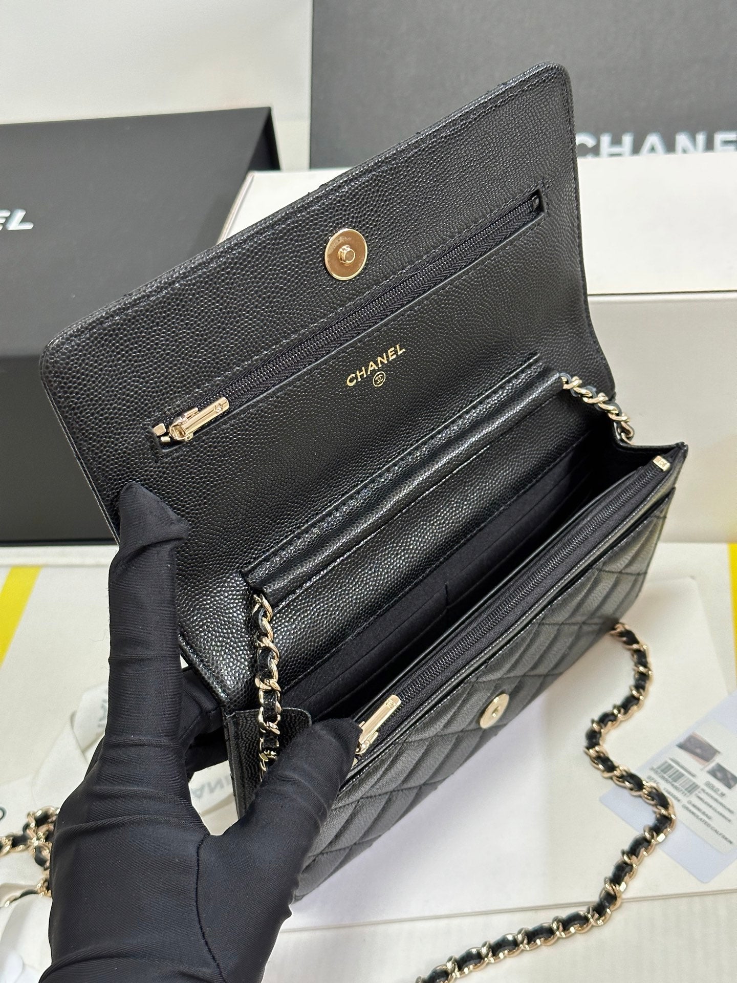 CC 25P Wallet On Chain 19cm Black Cowhide Heart Rhinestone 243601 mysite