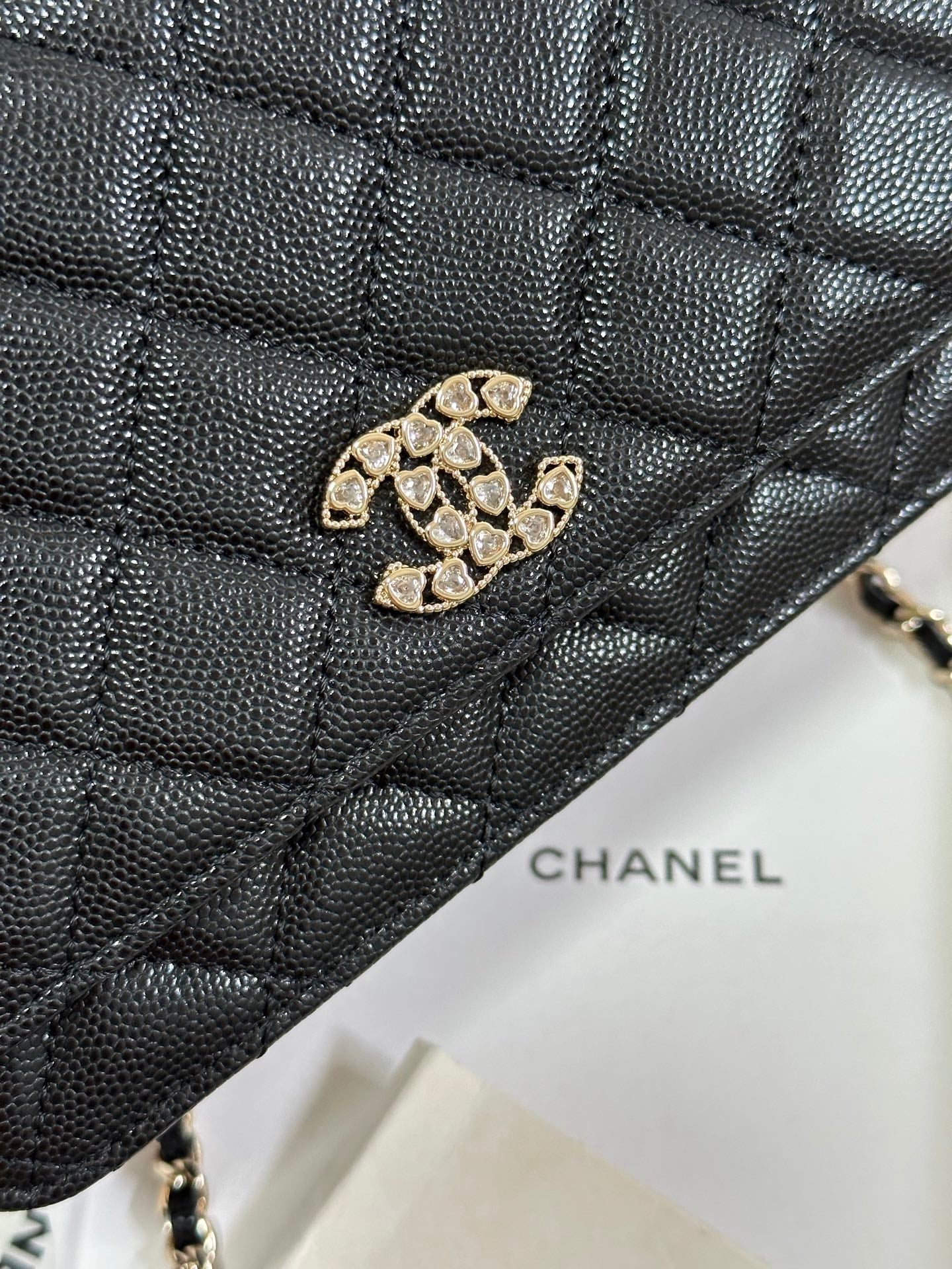 CC 25P Wallet On Chain 19cm Black Cowhide Heart Rhinestone 243601 mysite