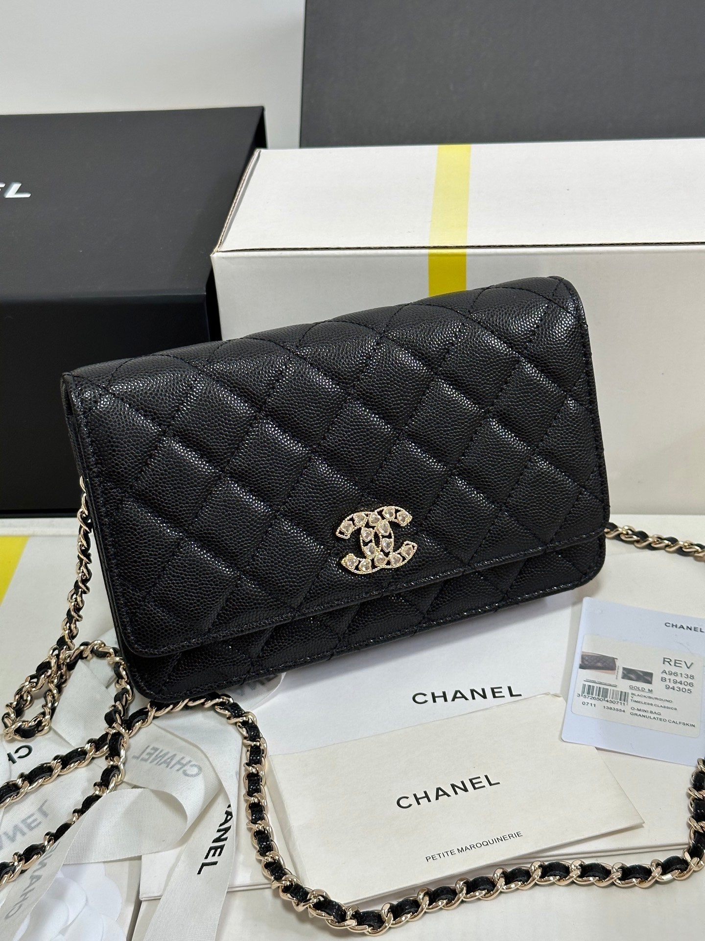 CC 25P Wallet On Chain 19cm Black Cowhide Heart Rhinestone 243601 mysite