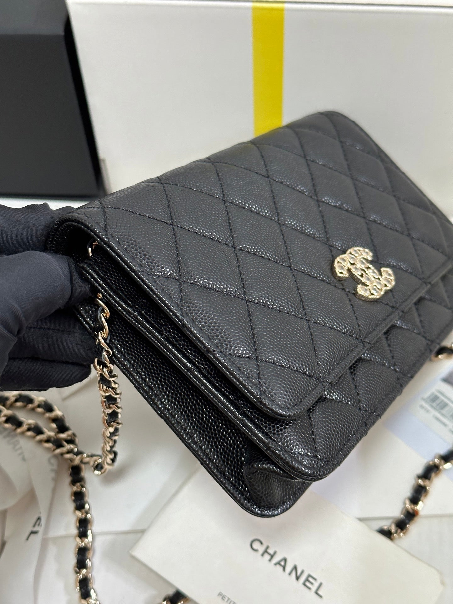 CC 25P Wallet On Chain 19cm Black Cowhide Heart Rhinestone 243601 mysite