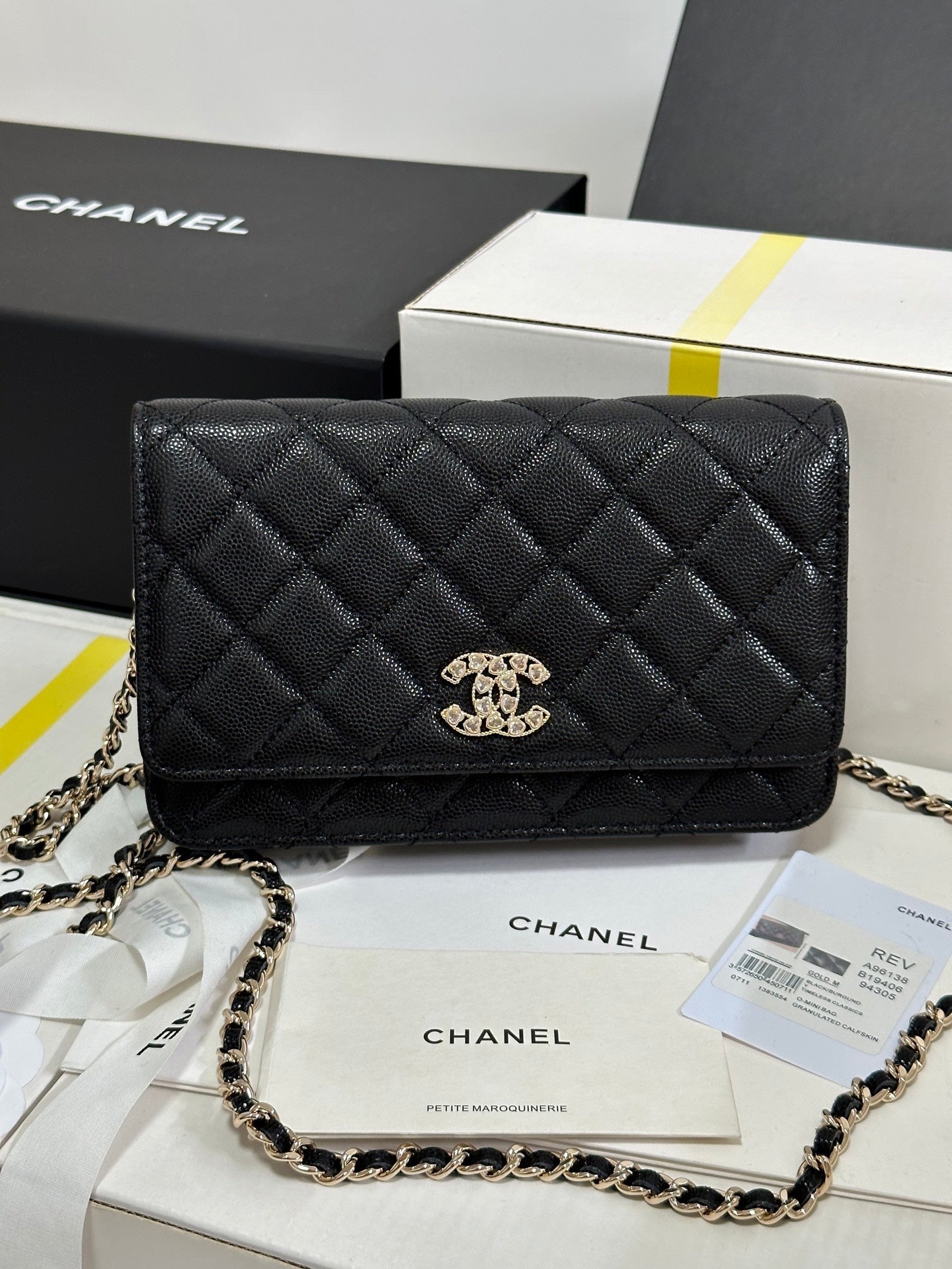 CC 25P Wallet On Chain 19cm Black Cowhide Heart Rhinestone 243601 mysite