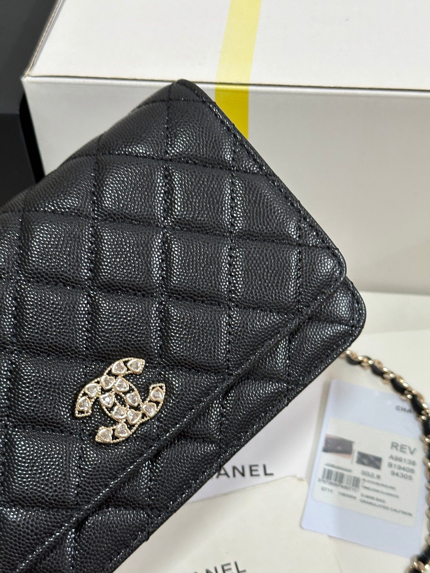 CC 25P Wallet On Chain 19cm Black Cowhide Heart Rhinestone 243601 mysite