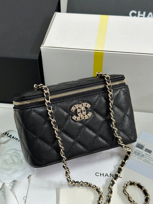 CC 25C Vanity Case 17cm Black Caviar Leather Heart Rhinestone Light Gold Hardware 243427 mysite