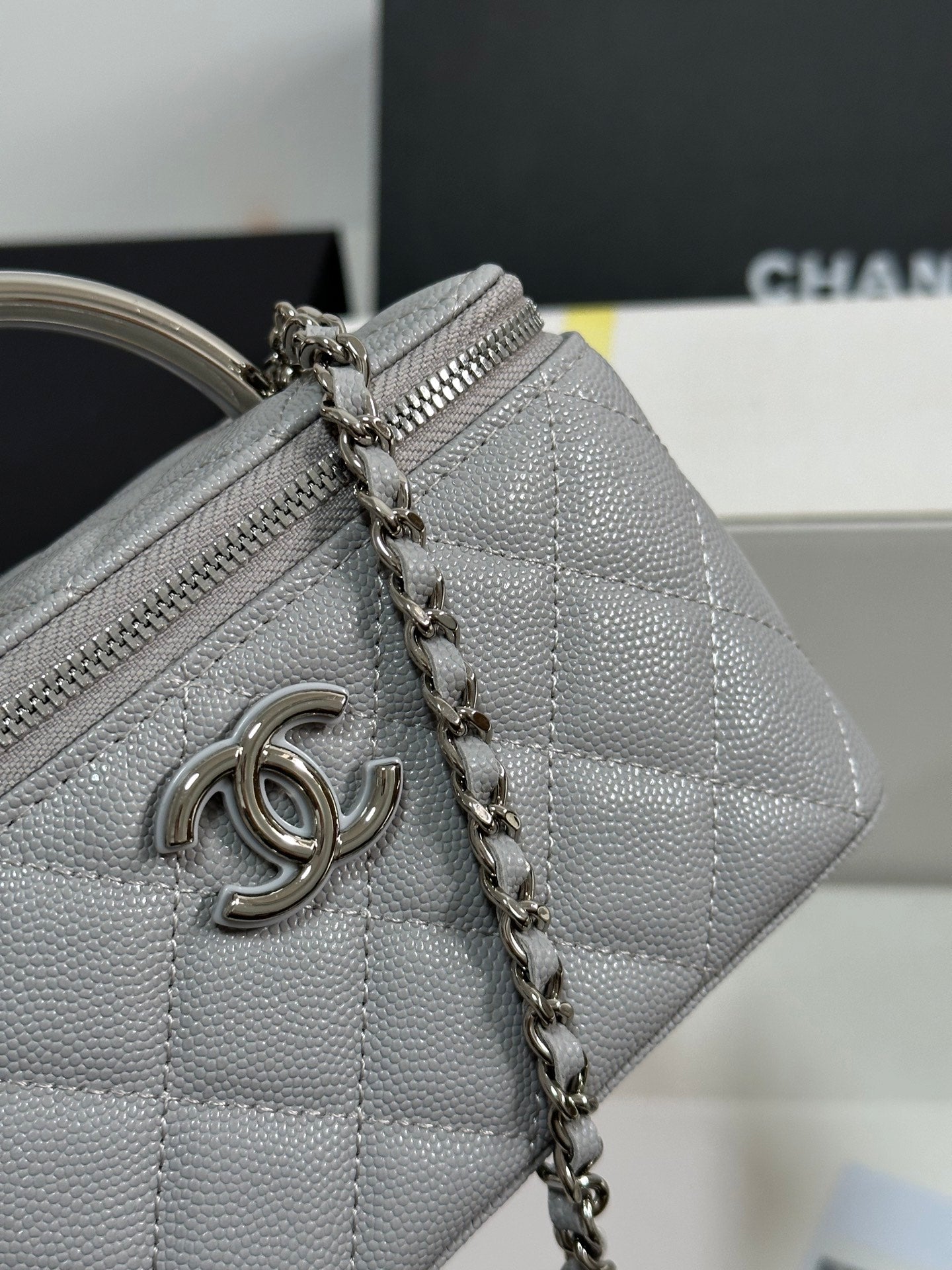 CC 25P Vanity Case 17cm Light Gray Leather Silver Hardware 243466 mysite