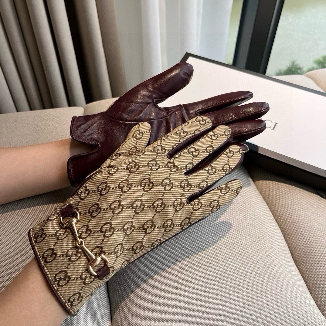 HORSEBIT GLOVES IN BEIGE MONOGRAM JACQUARD FABRIC MIX MERLOT RED SHEEPSKIN 456334 mysite