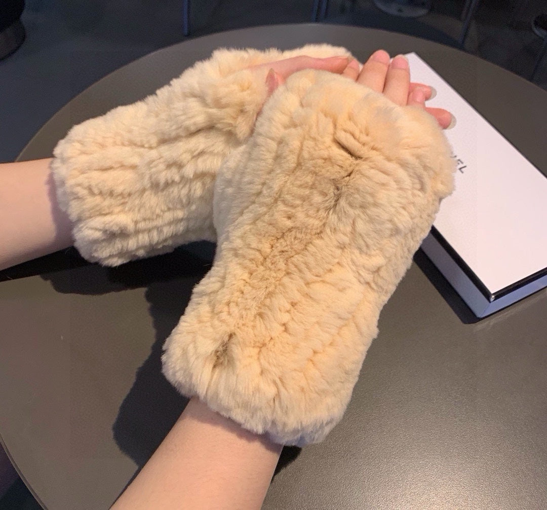 FINGERLESS HALF GLOVES IN BEIGE CREAM RABBIT FUR 462277 mysite