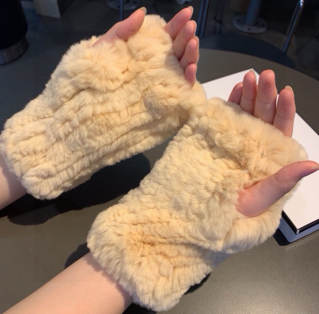 FINGERLESS HALF GLOVES IN BEIGE CREAM RABBIT FUR 462277 mysite