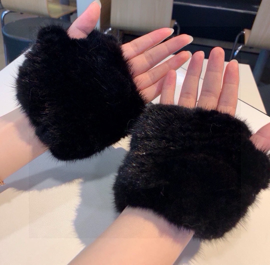 FINGERLESS HALF GLOVES IN BLACK RABBIT FUR 462278 mysite