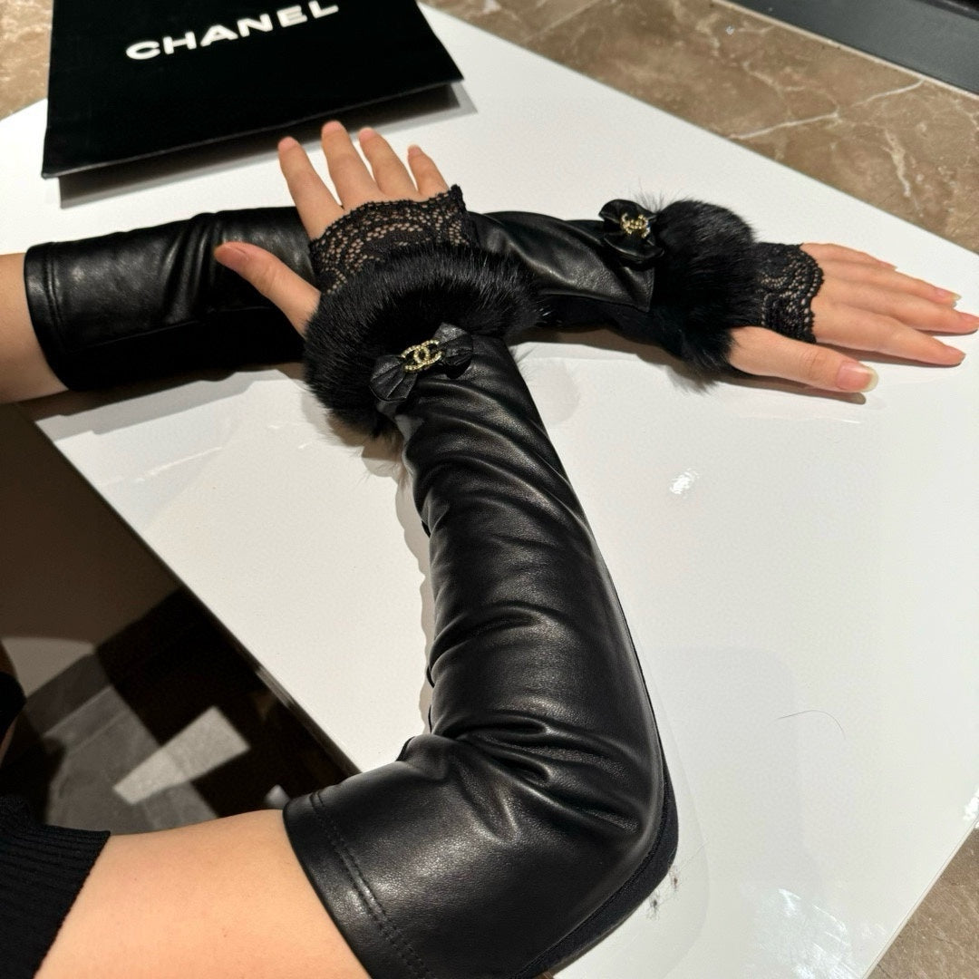 FINGERLESS LONG GLOVES IN BLACK LAMBSKIN WITH RABBIT FUR 465798 mysite