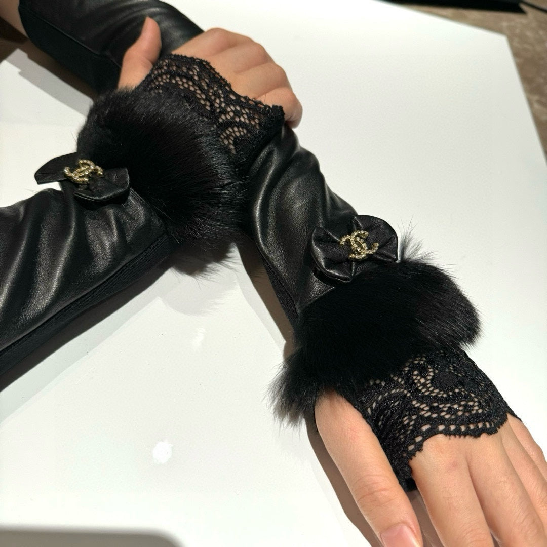 FINGERLESS LONG GLOVES IN BLACK LAMBSKIN WITH RABBIT FUR 465798 mysite
