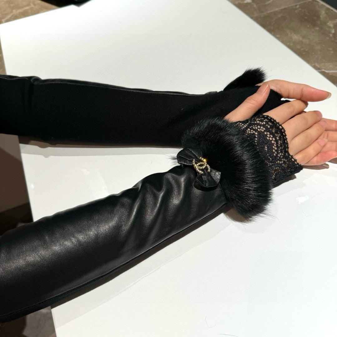 FINGERLESS LONG GLOVES IN BLACK LAMBSKIN WITH RABBIT FUR 465798 mysite