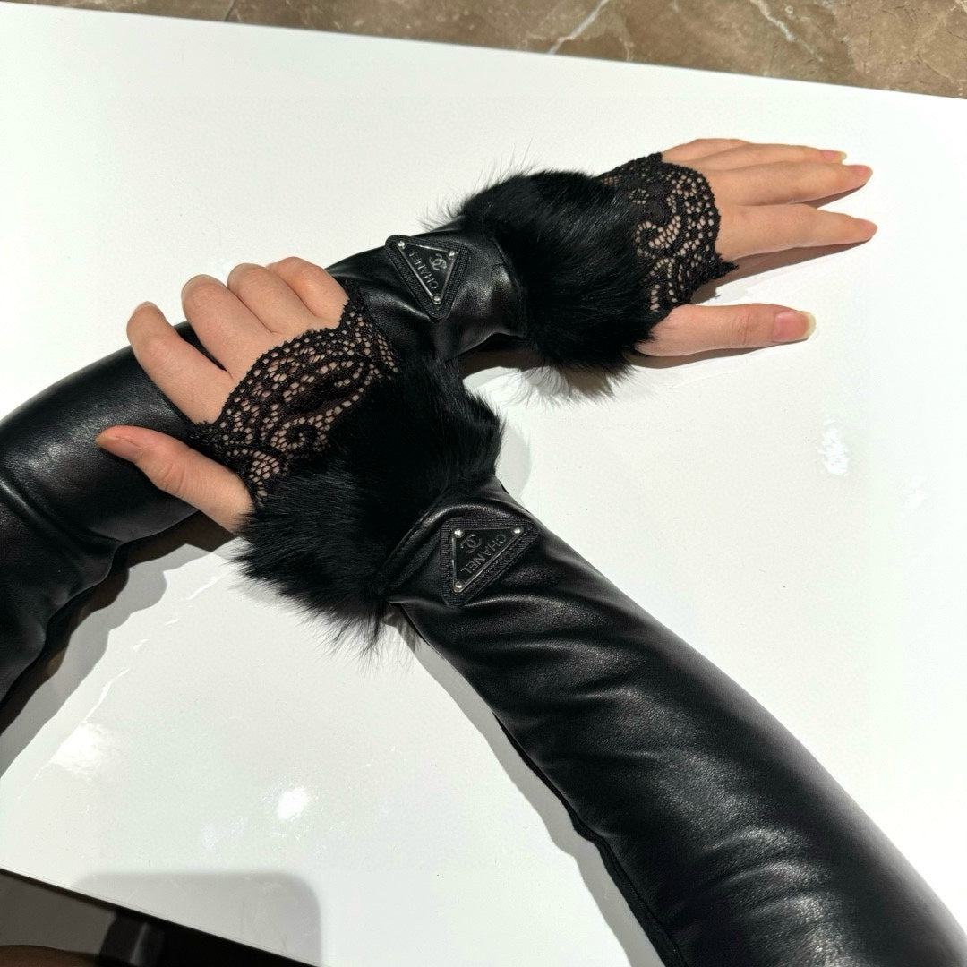 FINGERLESS LONG GLOVES IN BLACK LAMBSKIN WITH RABBIT FUR 465799 mysite