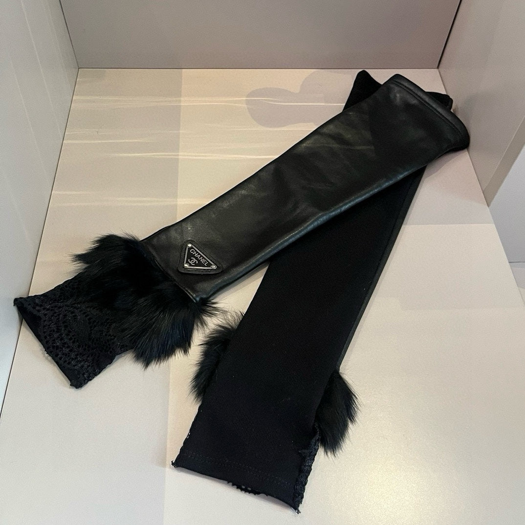 FINGERLESS LONG GLOVES IN BLACK LAMBSKIN WITH RABBIT FUR 465799 mysite