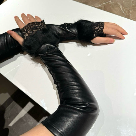 FINGERLESS LONG GLOVES IN BLACK LAMBSKIN WITH RABBIT FUR 465799 mysite