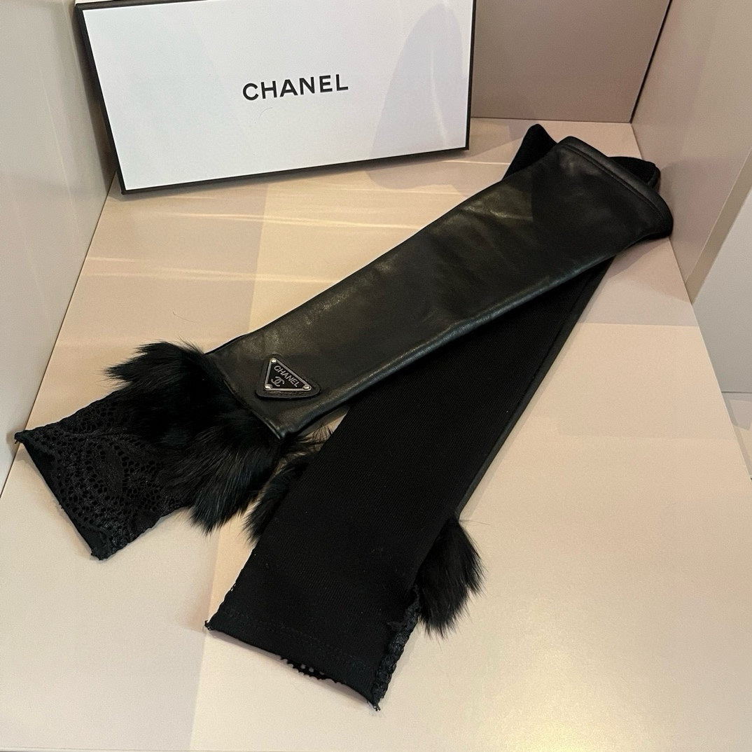 FINGERLESS LONG GLOVES IN BLACK LAMBSKIN WITH RABBIT FUR 465799 mysite