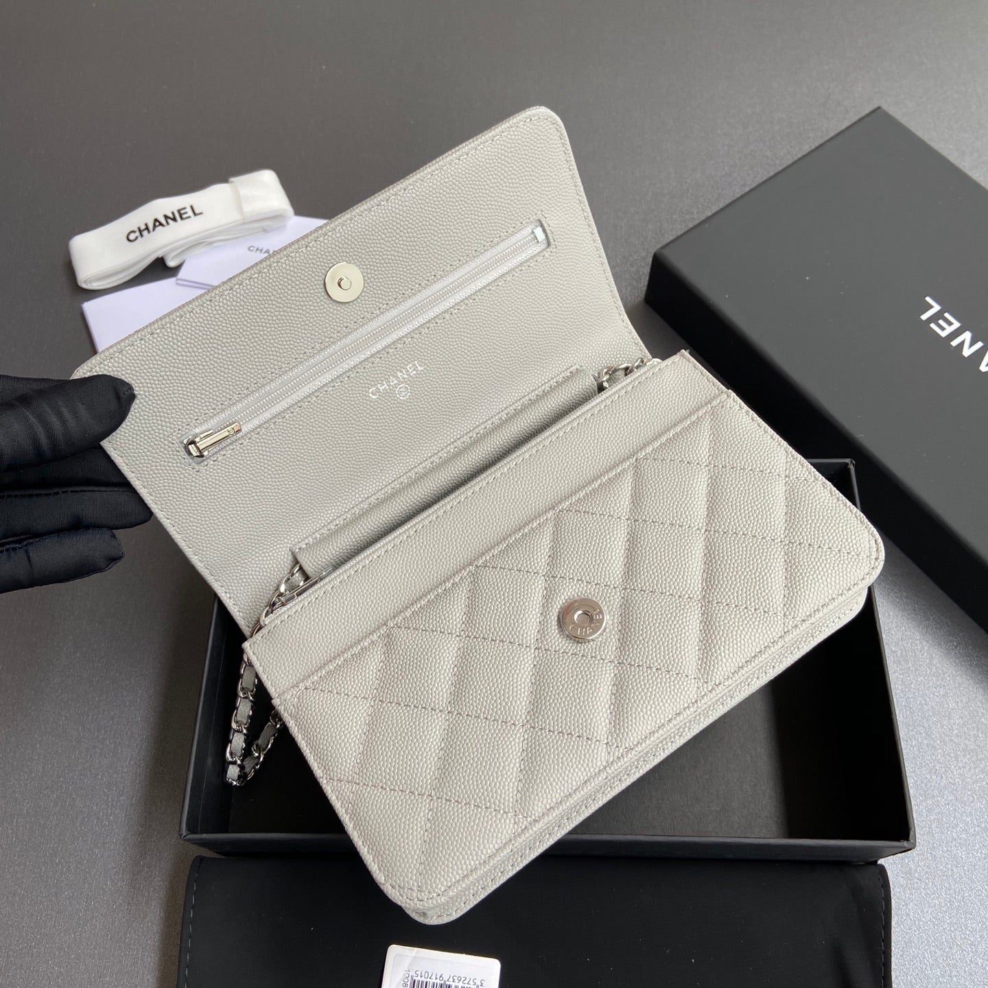 CC Wallet On Chain 20cm White Caviar Leather Silver Hardware 240159 mysite