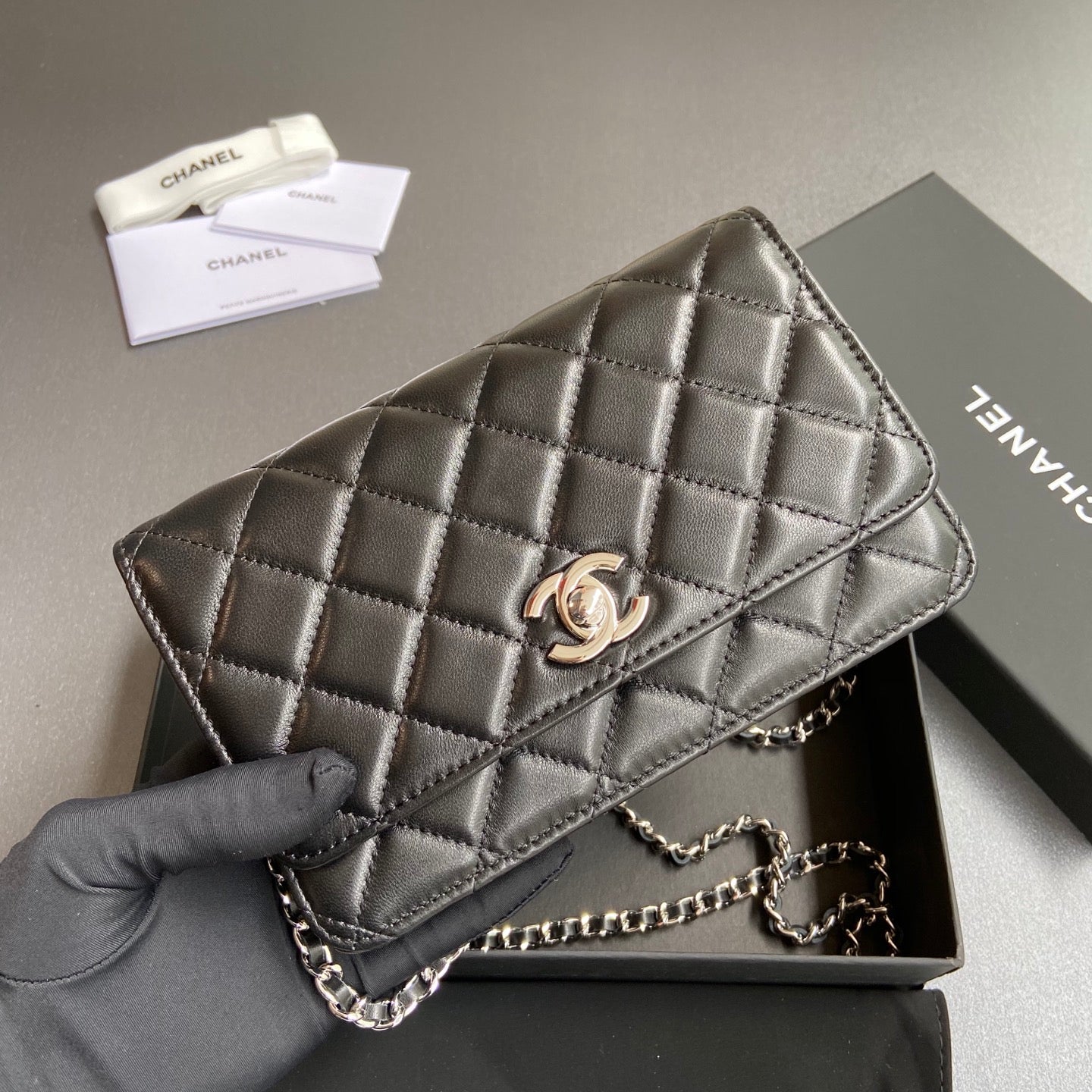 CC Wallet On Chain 20cm Black Lambskin Light Gold Hardware 240166 mysite