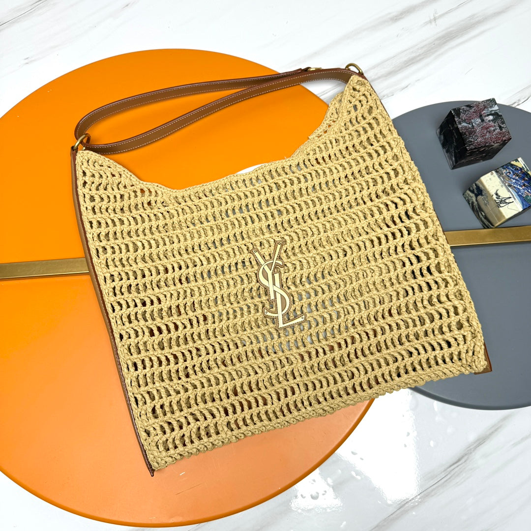 YSL OXALIS 37CM BEIGE RAFFIA TAN CALFSKIN mysite