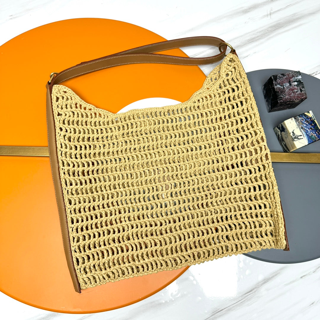 YSL OXALIS 37CM BEIGE RAFFIA TAN CALFSKIN mysite