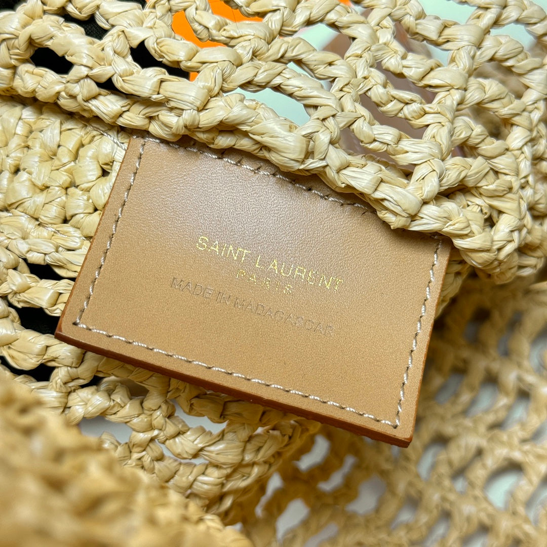 YSL OXALIS 37CM BEIGE RAFFIA TAN CALFSKIN mysite