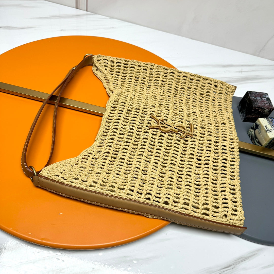 YSL OXALIS 37CM BEIGE RAFFIA TAN CALFSKIN mysite