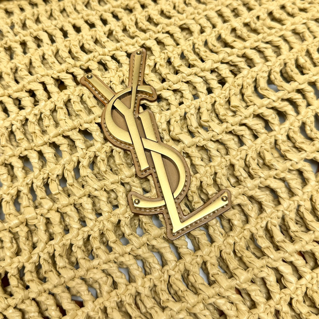 YSL OXALIS 37CM BEIGE RAFFIA TAN CALFSKIN mysite