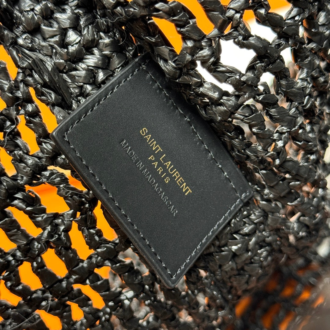 YSL OXALIS 37CM BLACK  RAFFIA TAN CALFSKIN mysite