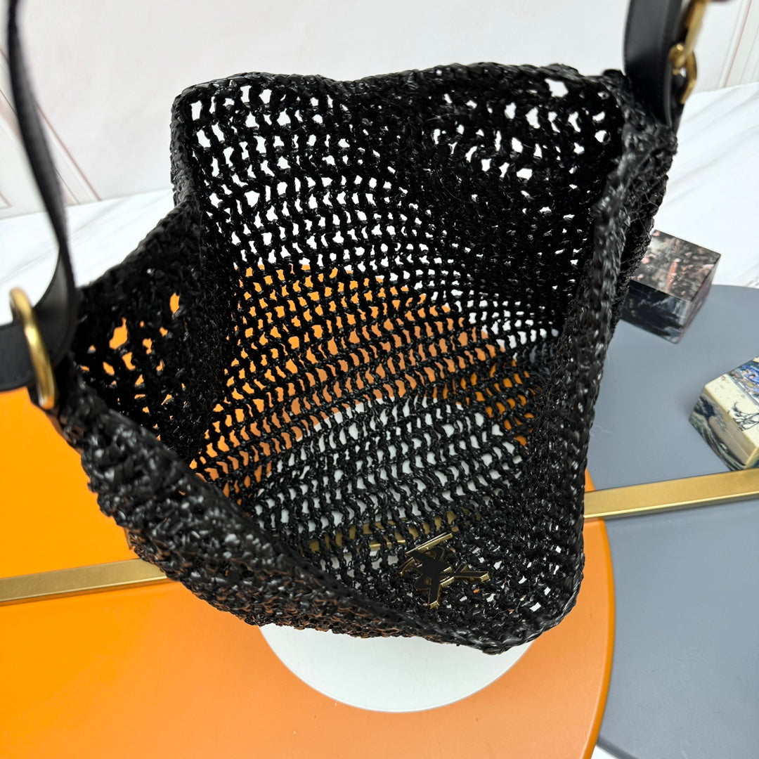 YSL OXALIS 37CM BLACK  RAFFIA TAN CALFSKIN mysite