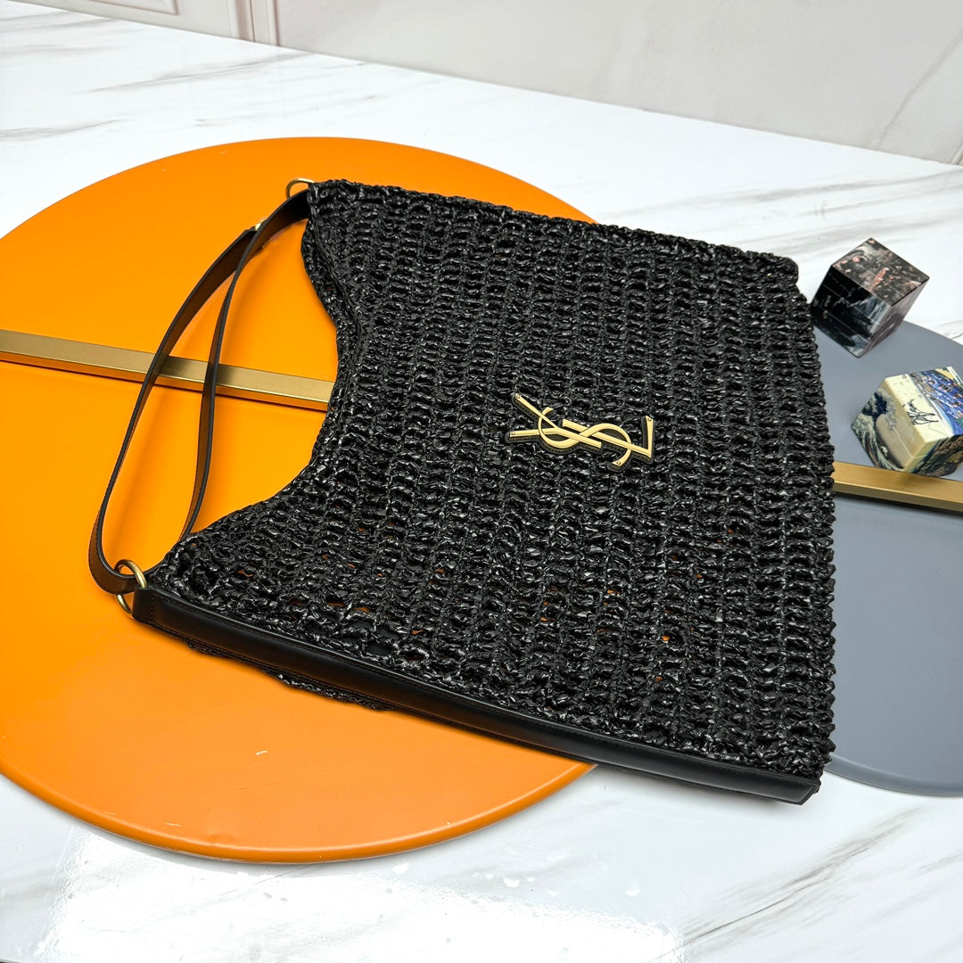YSL OXALIS 37CM BLACK  RAFFIA TAN CALFSKIN mysite