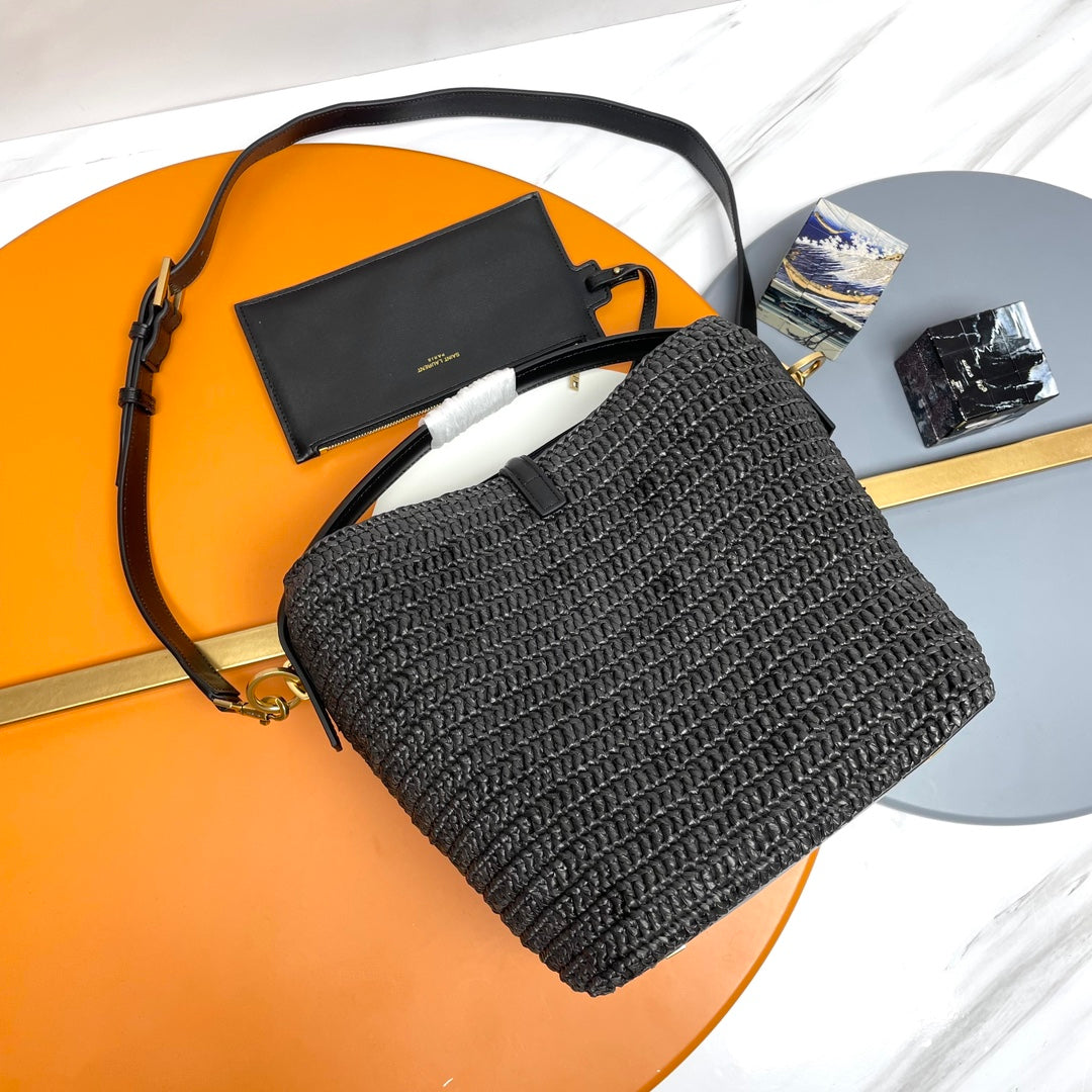 YSL LE 37 20CM BLACK RAFFIA BUCKET BAG mysite