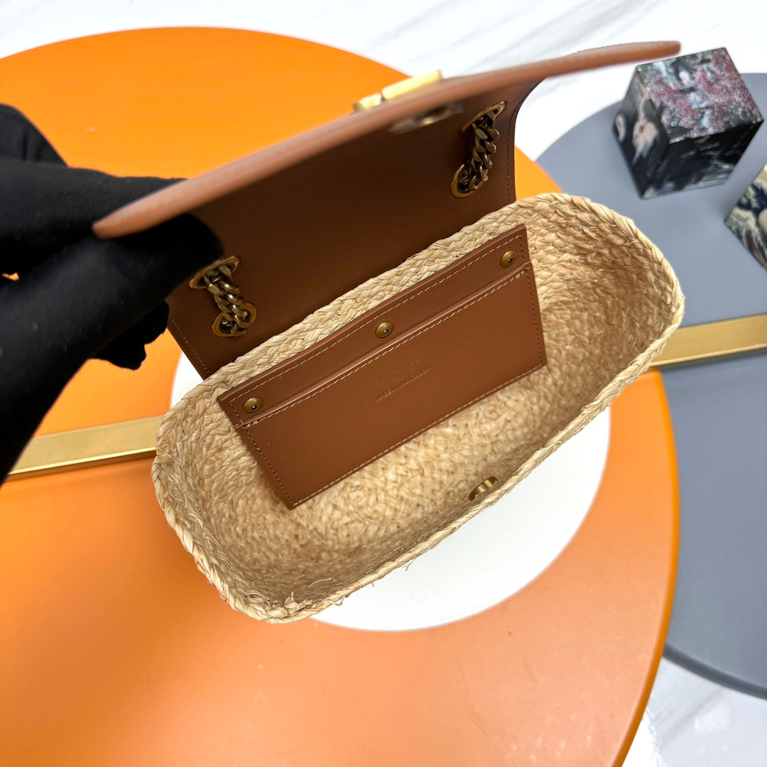 YSL SMALL 23CM MANON BEIGE RAFFIA TAN CALFSKIN mysite