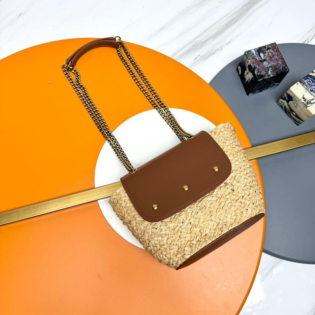 YSL SMALL 23CM MANON BEIGE RAFFIA TAN CALFSKIN mysite