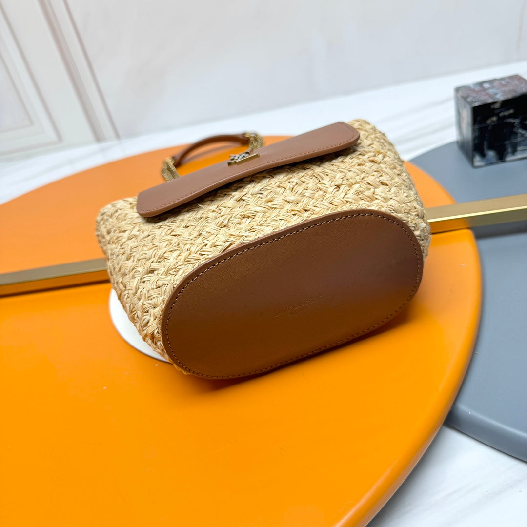 YSL SMALL 23CM MANON BEIGE RAFFIA TAN CALFSKIN mysite