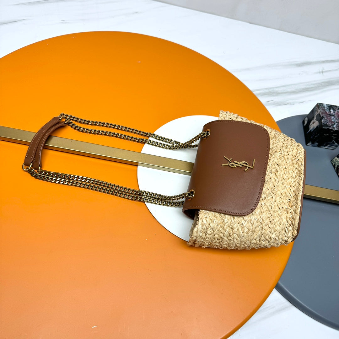 YSL SMALL 23CM MANON BEIGE RAFFIA TAN CALFSKIN mysite