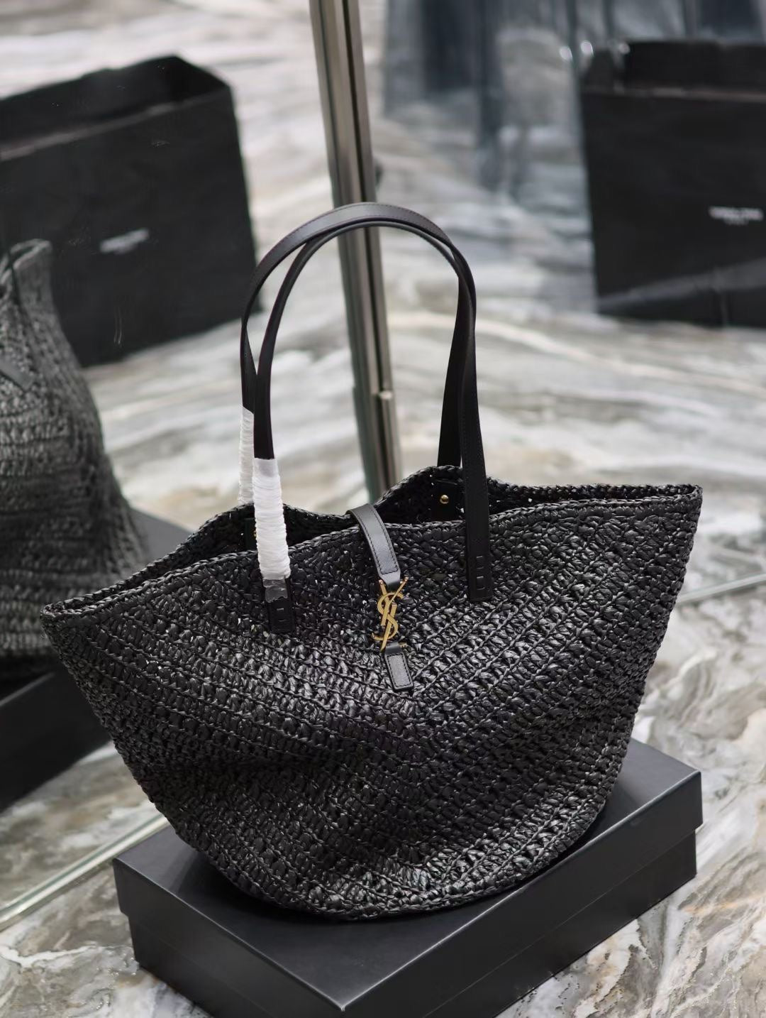 YSL MEDIUM 44CM PANIER BLACK RAFFIA TOTE BAG mysite