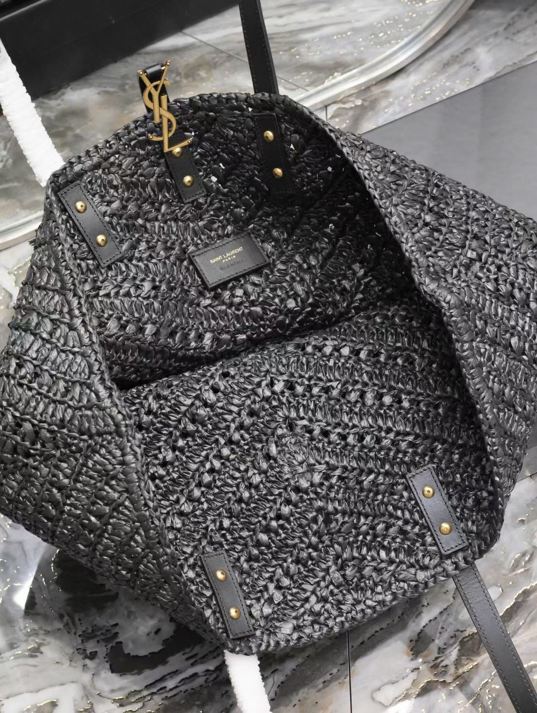 YSL MEDIUM 44CM PANIER BLACK RAFFIA TOTE BAG mysite