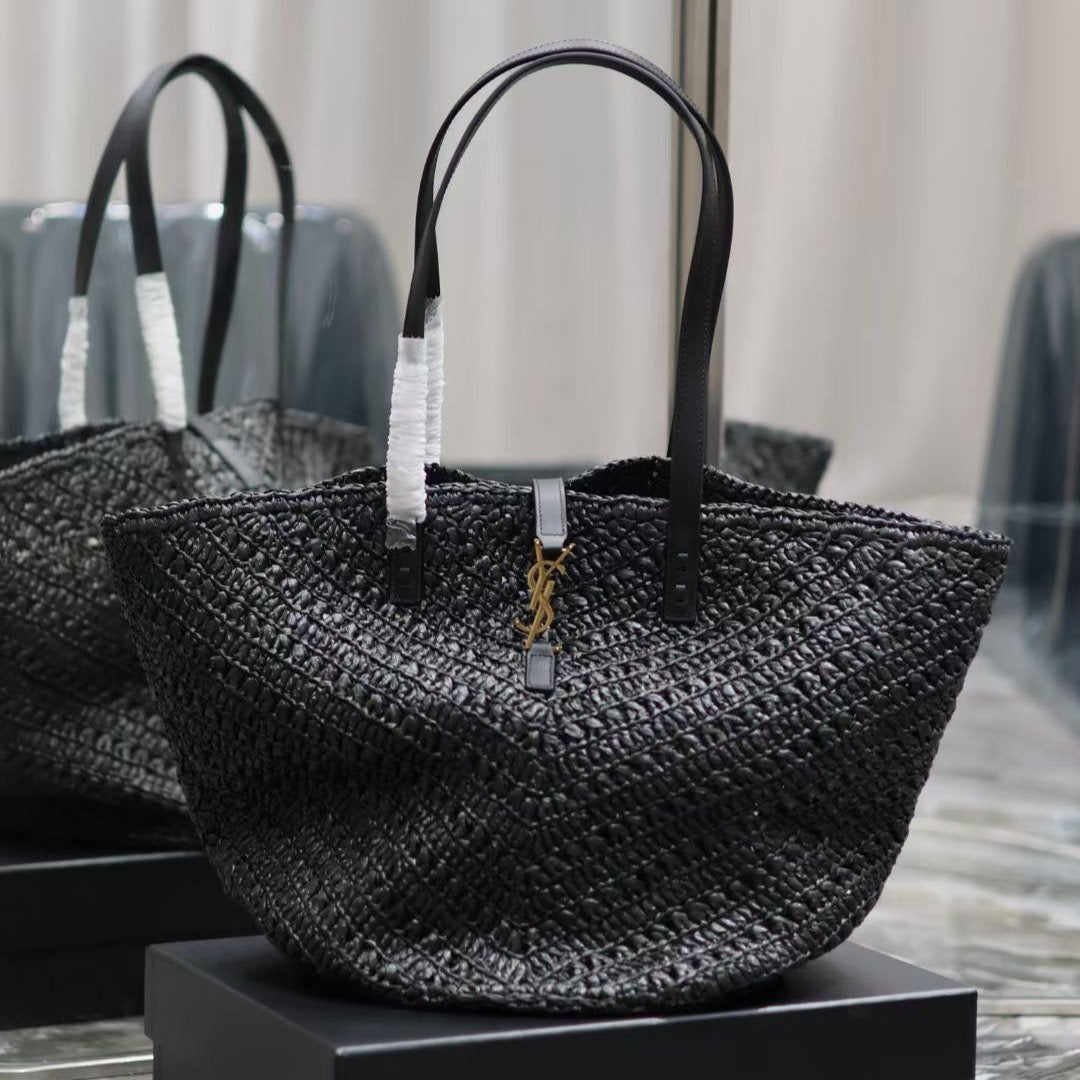 YSL MEDIUM 44CM PANIER BLACK RAFFIA TOTE BAG mysite