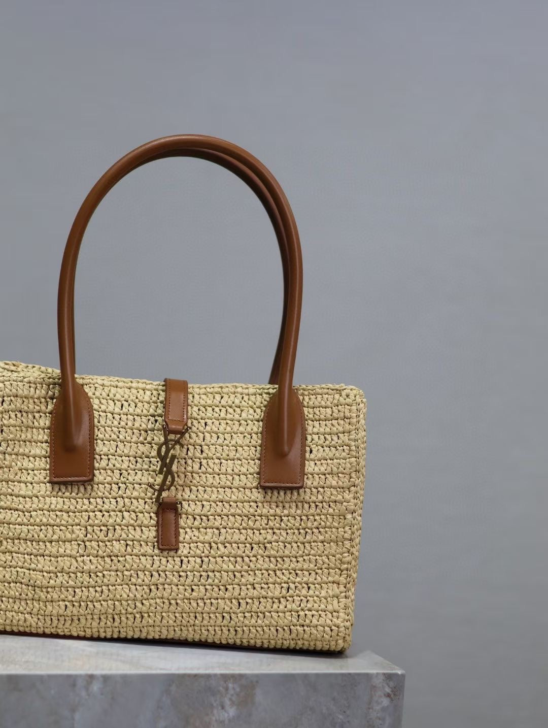 YSL TOTE BAG 29CM PANIER LEATHER TRIMMED RAFFIA mysite