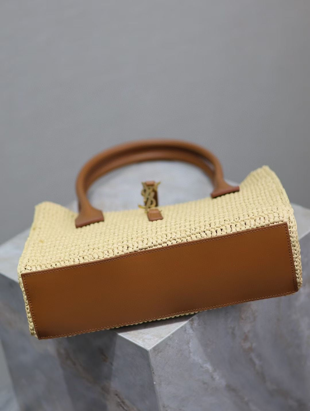 YSL TOTE BAG 29CM PANIER LEATHER TRIMMED RAFFIA mysite