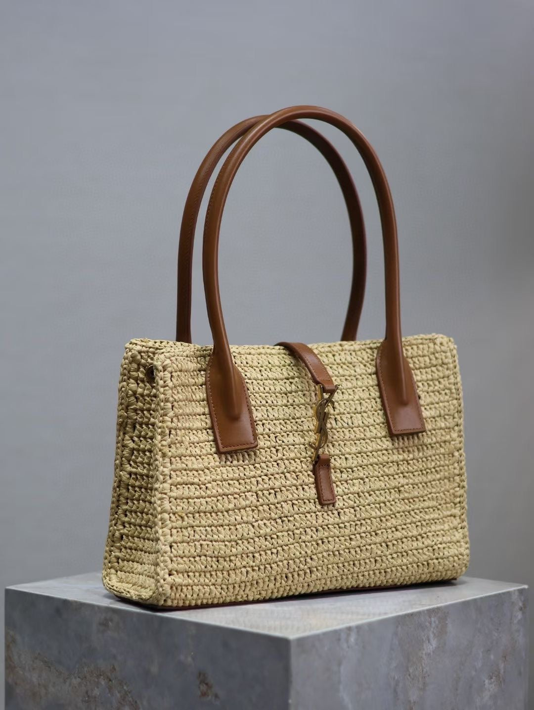 YSL TOTE BAG 29CM PANIER LEATHER TRIMMED RAFFIA mysite
