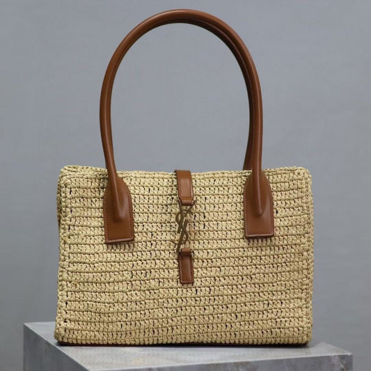 YSL TOTE BAG 29CM PANIER LEATHER TRIMMED RAFFIA mysite