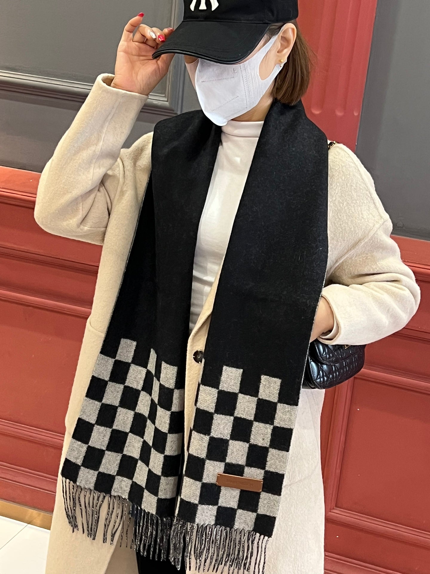 DAMIER SCARF 180 CM IN BLACK MIX WHITE CASHMERE 388315 mysite