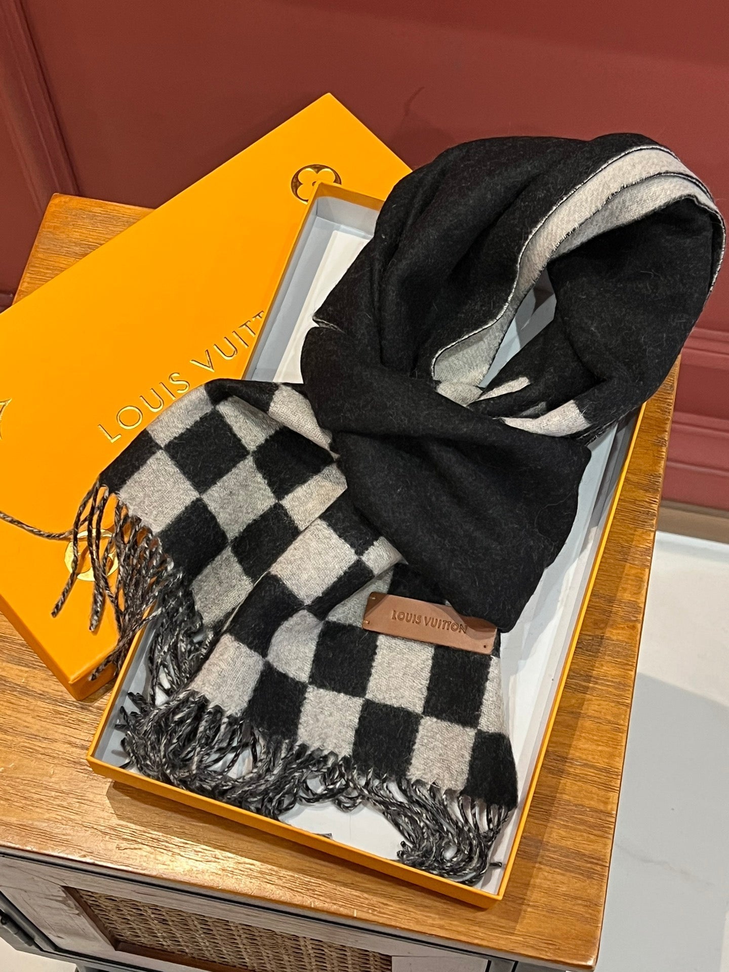 DAMIER SCARF 180 CM IN BLACK MIX WHITE CASHMERE 388315 mysite