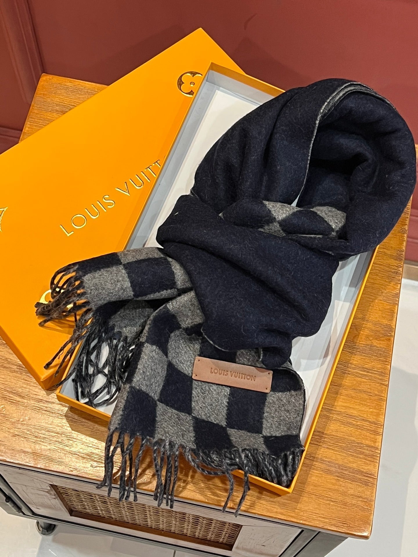 DAMIER SCARF 180 CM IN MIDNIGHT BLUE MIX GRAY CASHMERE 388316 mysite
